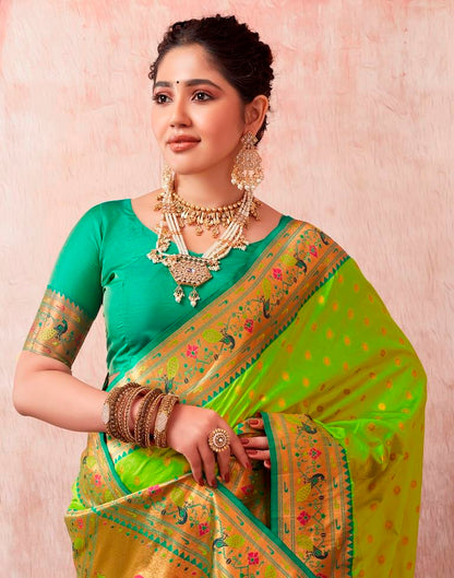 Neon Green Paithani Silk Plain Saree