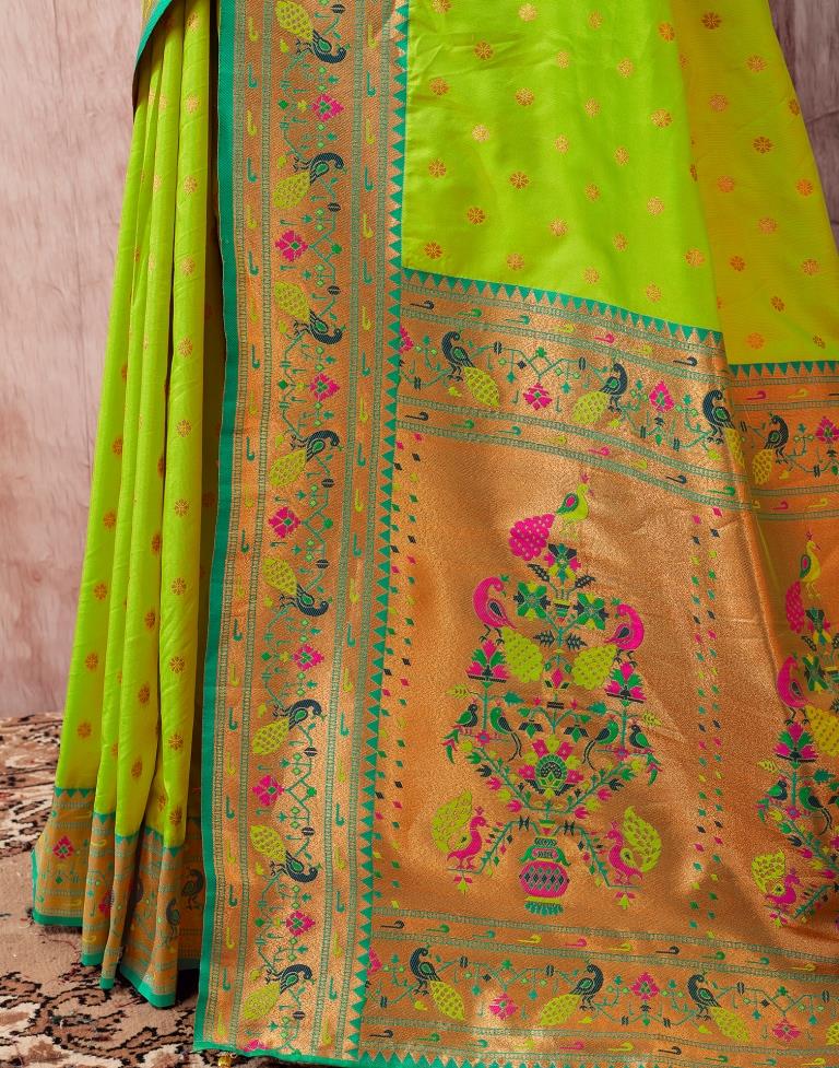 Neon Green Paithani Silk Plain Saree