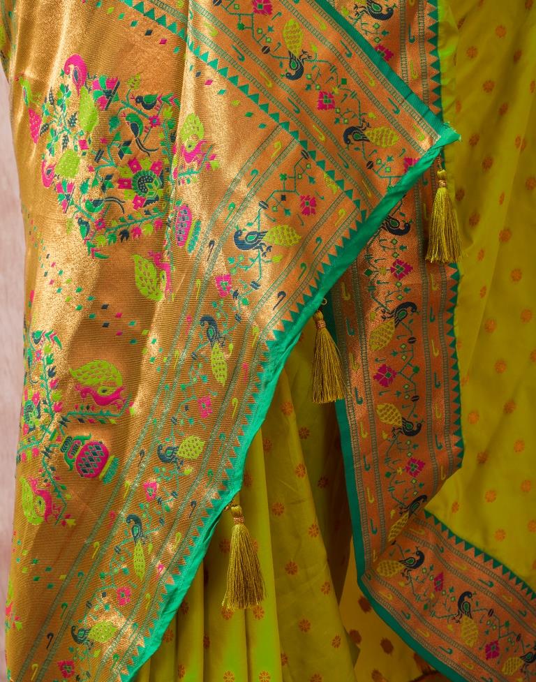 Neon Green Paithani Silk Plain Saree