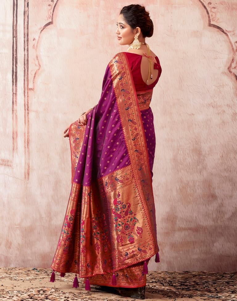 Wine Silk Paithani Plain Saree