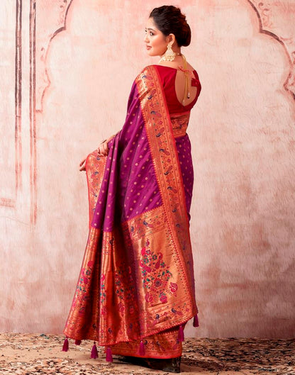 Wine Silk Paithani Plain Saree