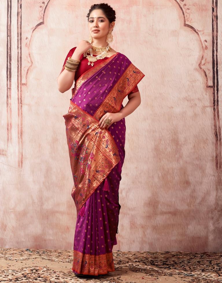 Wine Silk Paithani Plain Saree