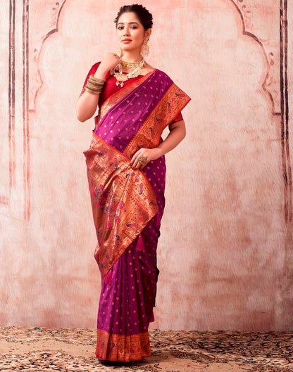 Wine Silk Paithani Plain Saree