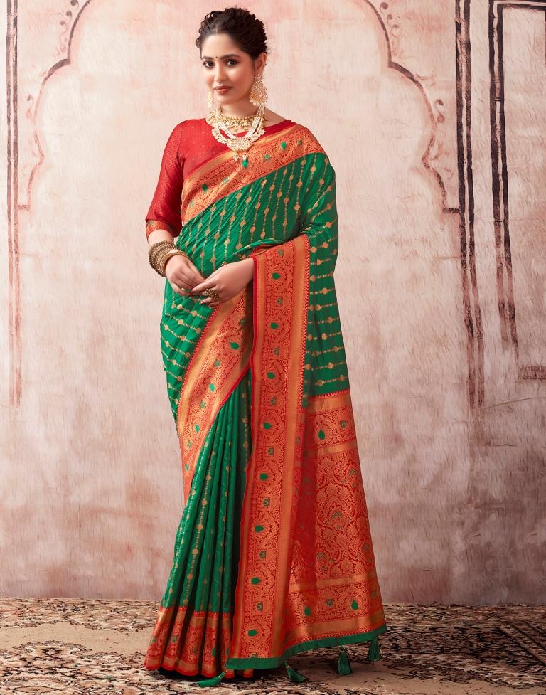 Bottle Green Paithani Silk Plain Saree