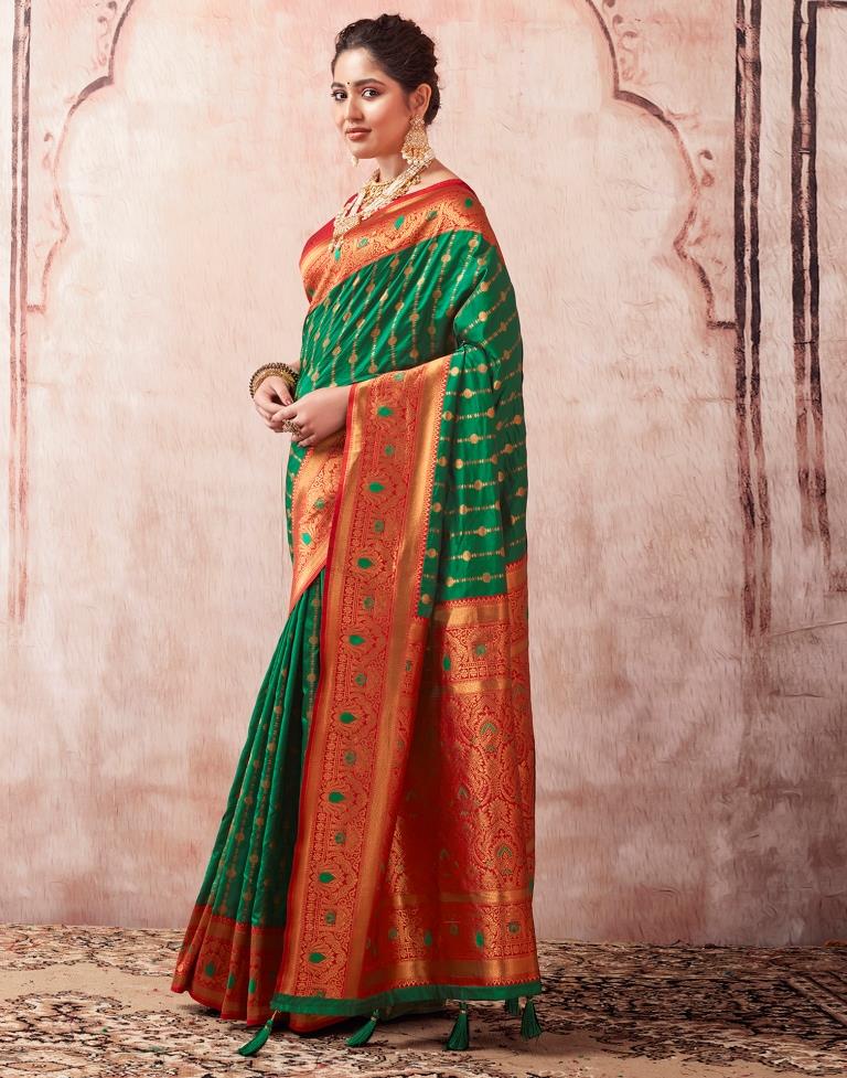 Bottle Green Paithani Silk Plain Saree