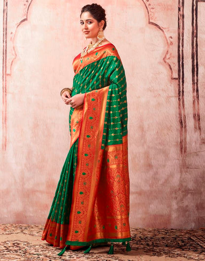 Bottle Green Paithani Silk Plain Saree