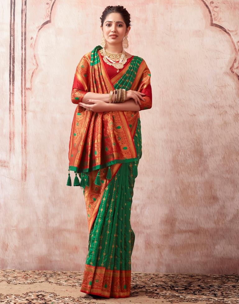 Bottle Green Paithani Silk Plain Saree