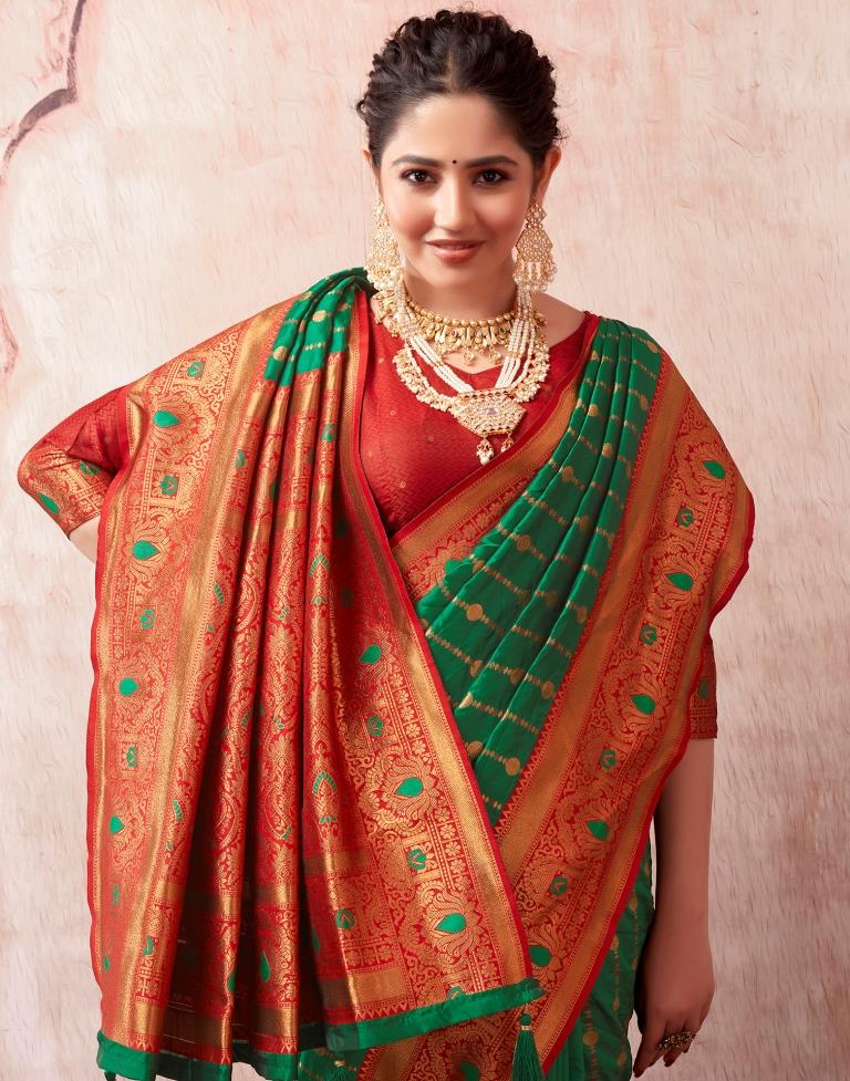 Bottle Green Paithani Silk Plain Saree