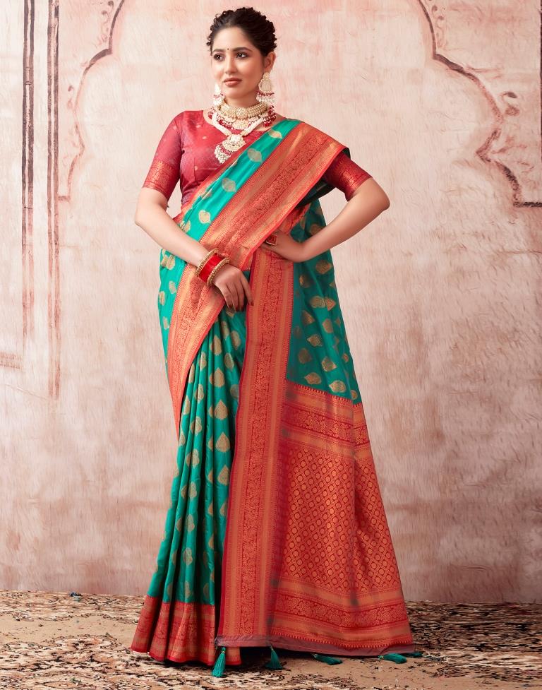 Turquoise Paithani Silk Plain Saree