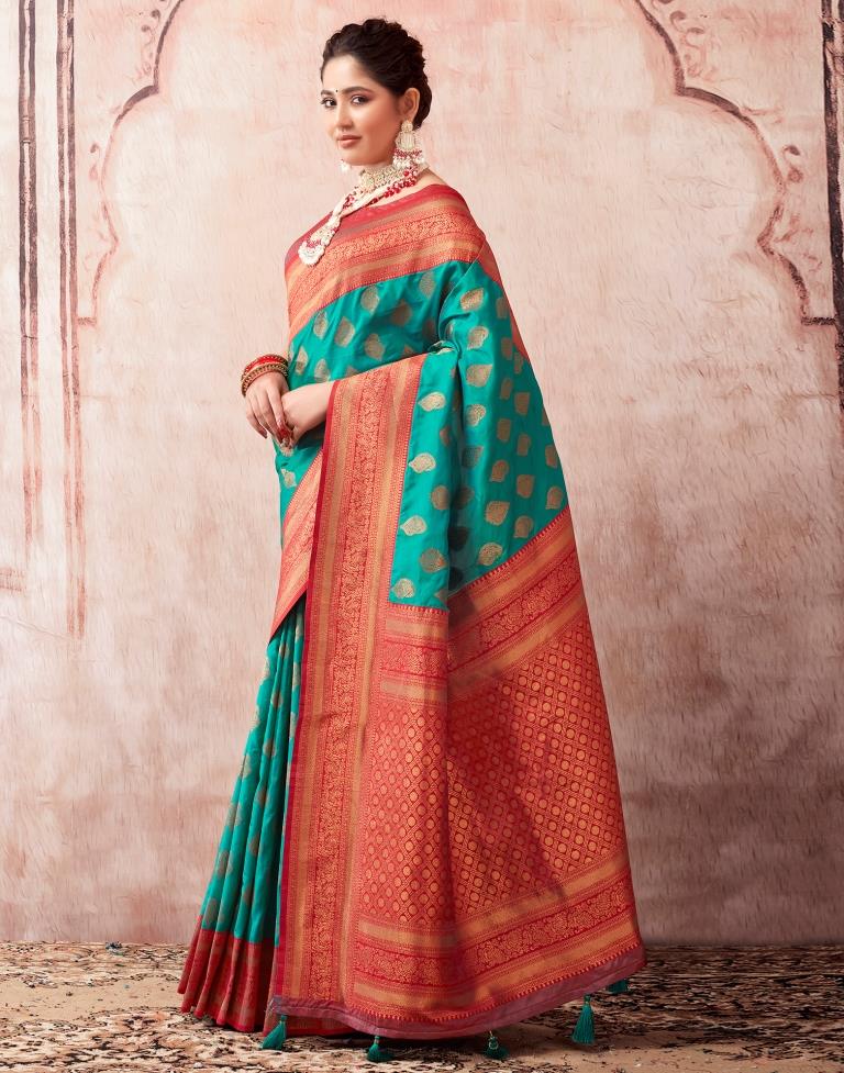 Turquoise Paithani Silk Plain Saree