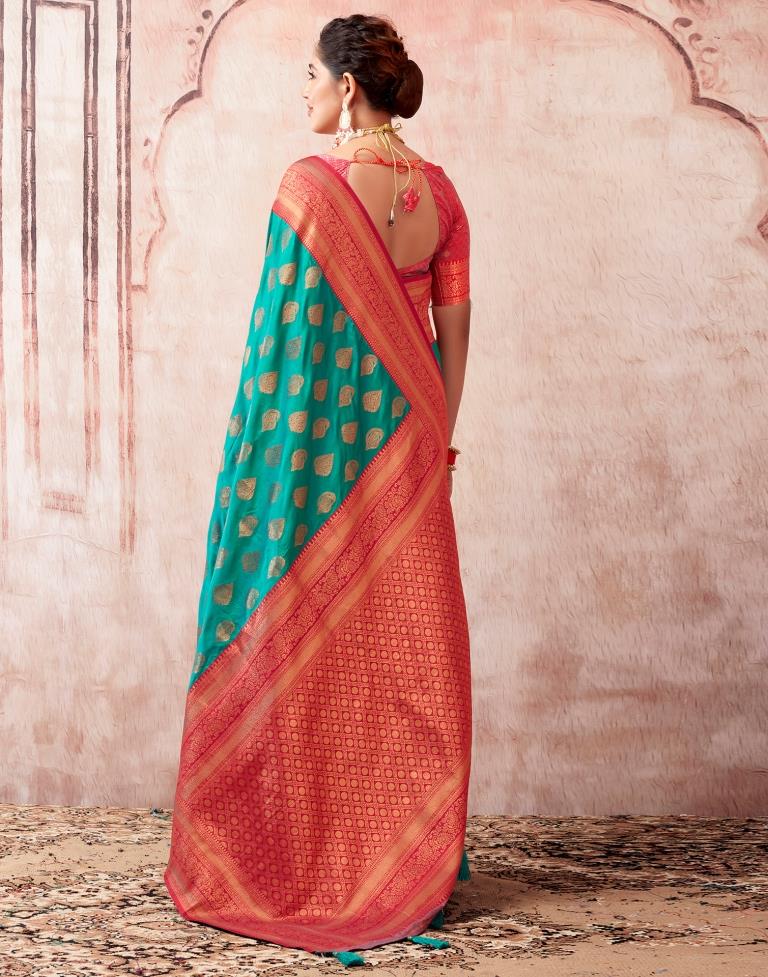 Turquoise Paithani Silk Plain Saree