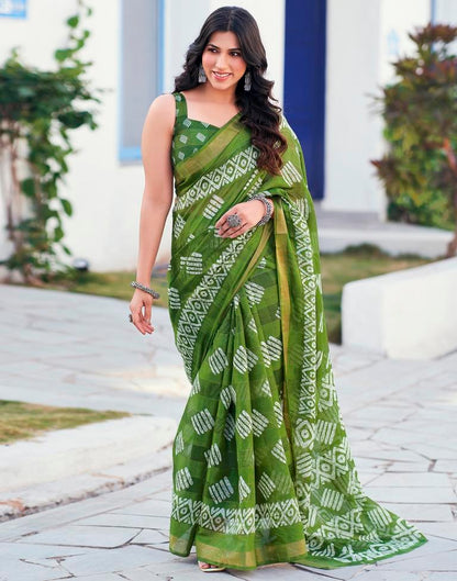 Olive Green Printed Cotton Saree