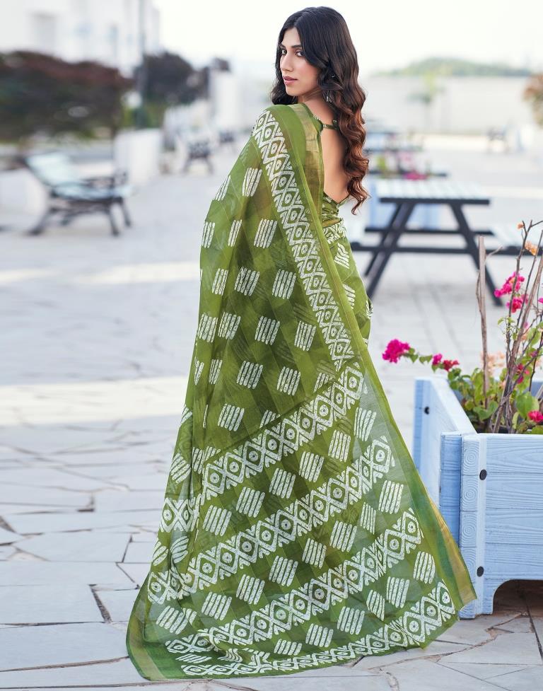Olive Green Printed Cotton Saree