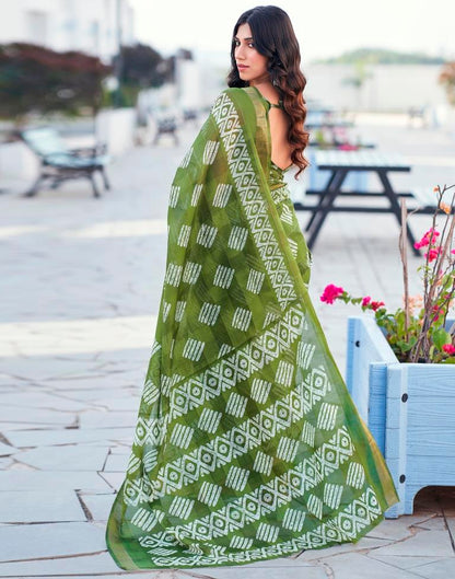 Olive Green Printed Cotton Saree