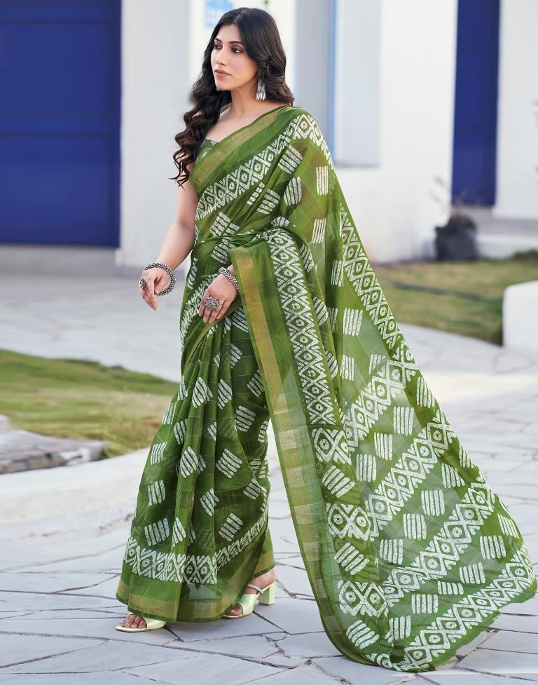 Olive Green Printed Cotton Saree