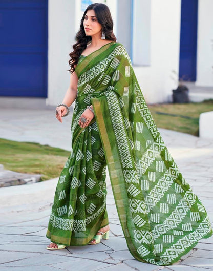Olive Green Printed Cotton Saree