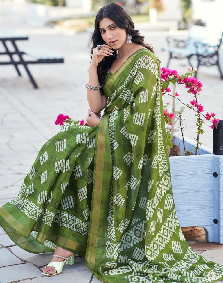 Olive Green Printed Cotton Saree