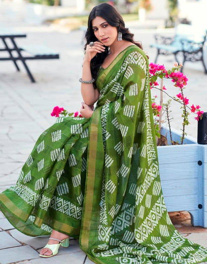 Olive Green Printed Cotton Saree
