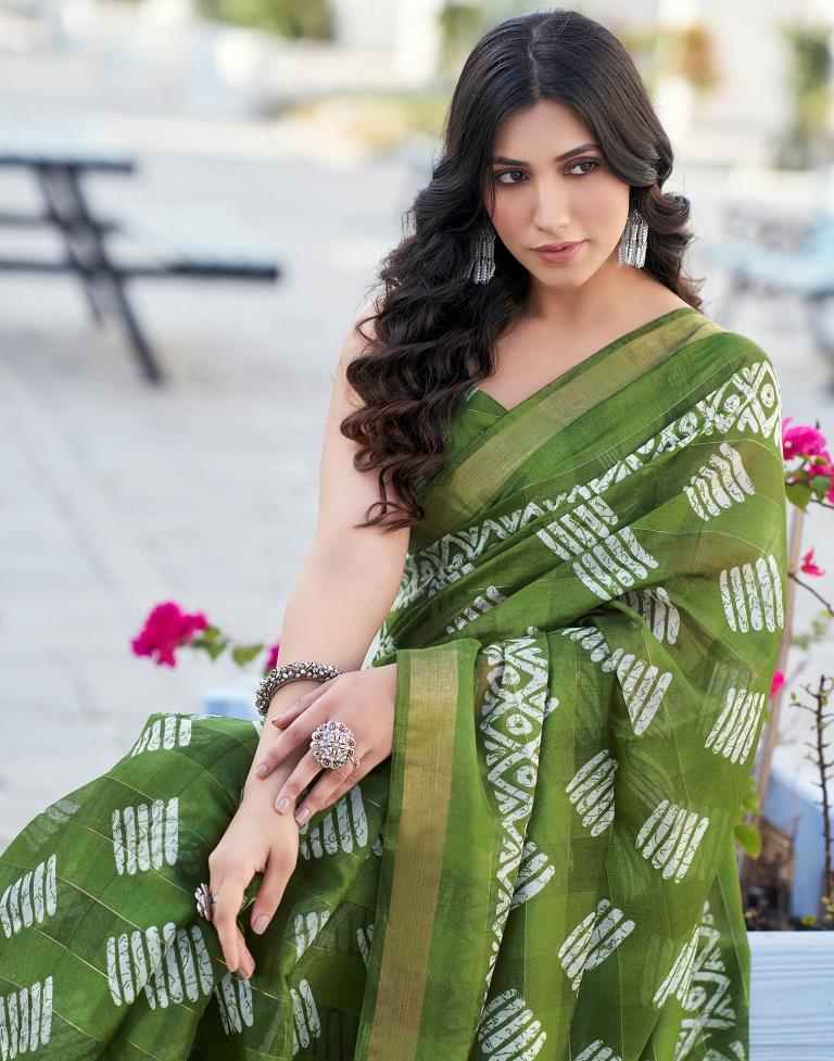 Olive Green Printed Cotton Saree