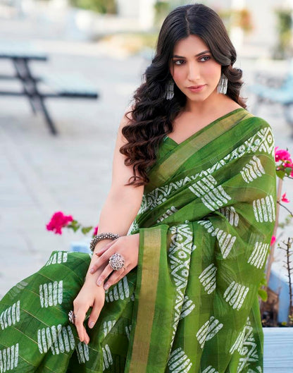 Olive Green Printed Cotton Saree