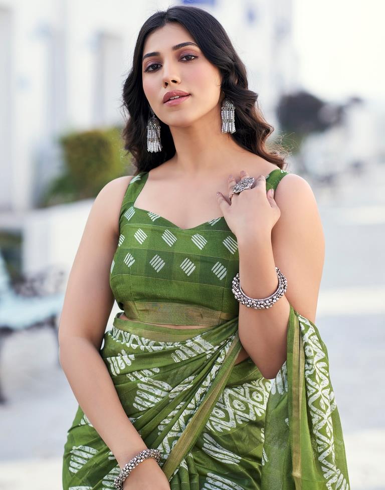 Olive Green Printed Cotton Saree