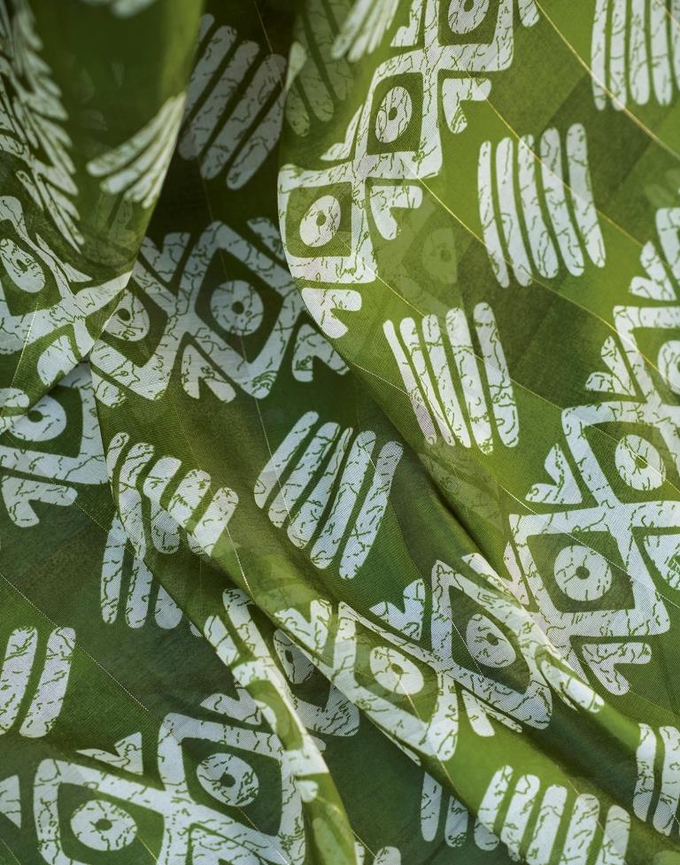 Olive Green Printed Cotton Saree