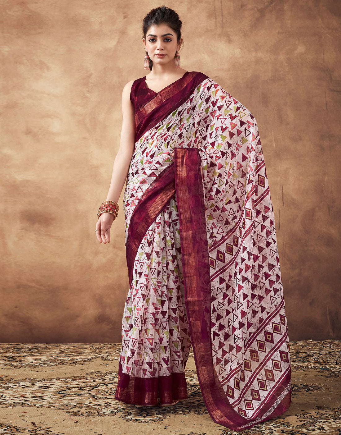 Maroon &amp; White Printed Cotton Saree