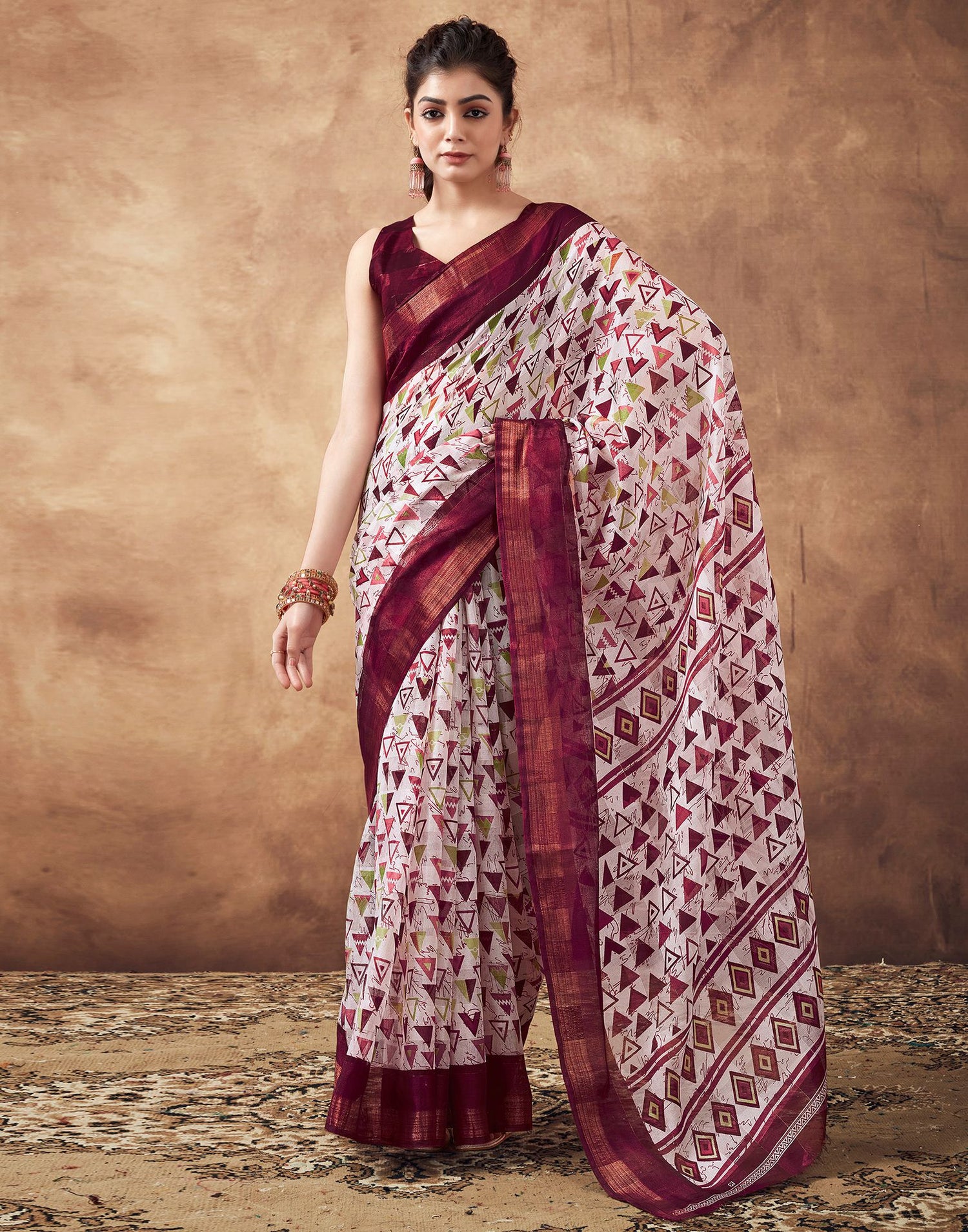 Maroon &amp; White Printed Cotton Saree