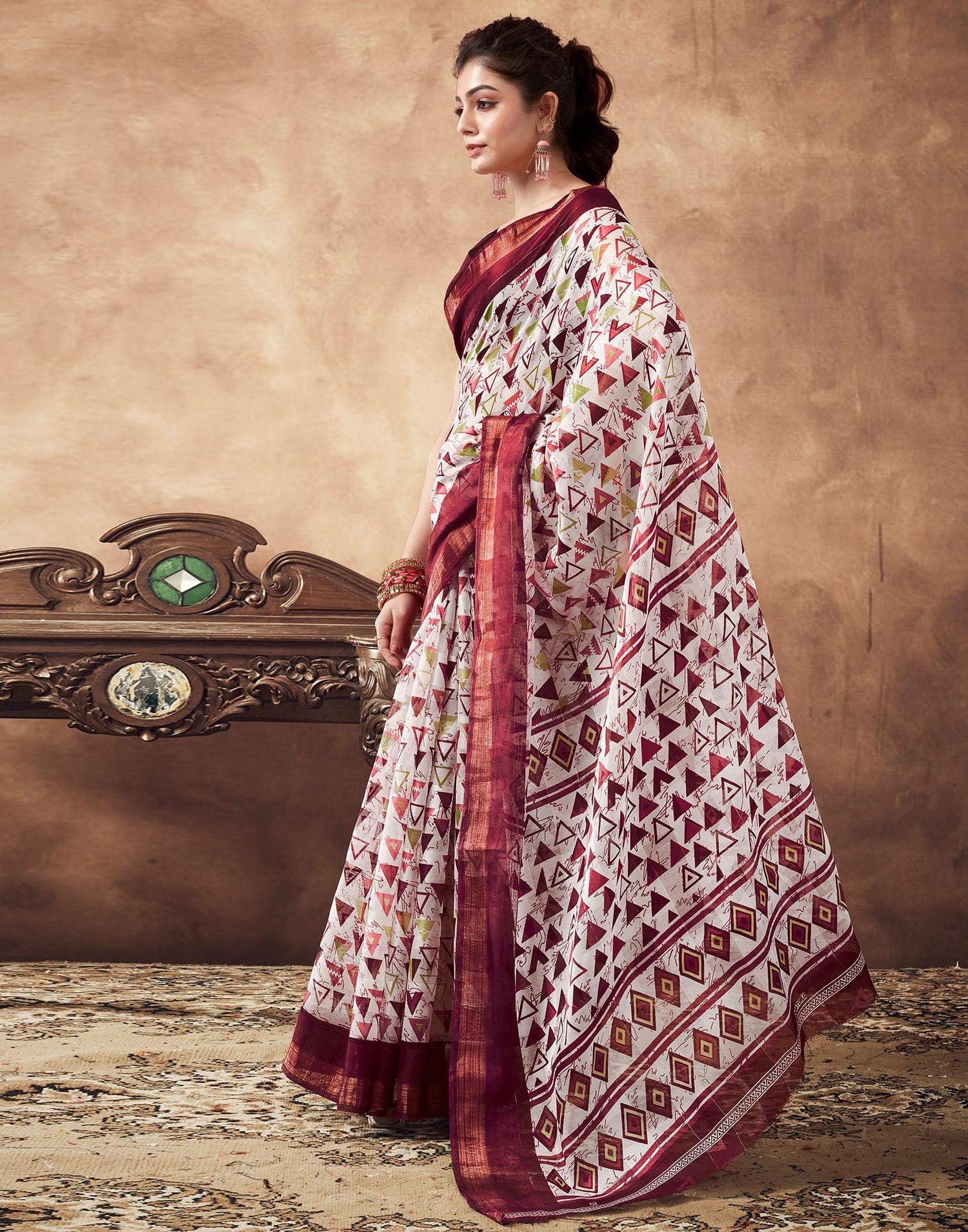 Maroon &amp; White Printed Cotton Saree