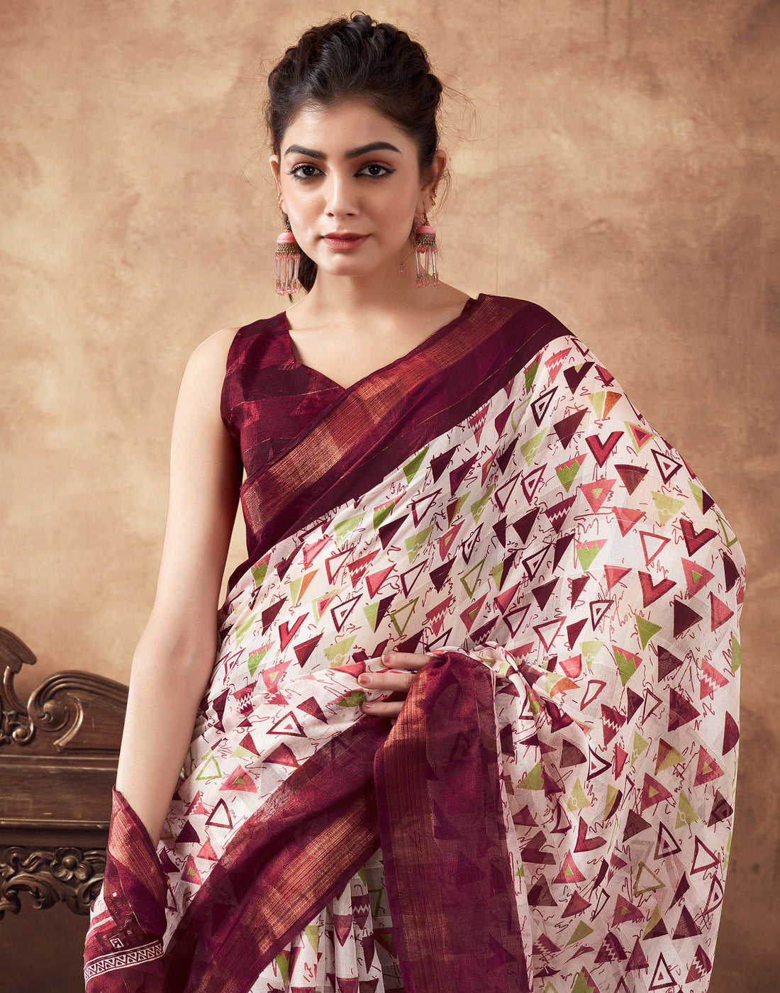 Maroon &amp; White Printed Cotton Saree
