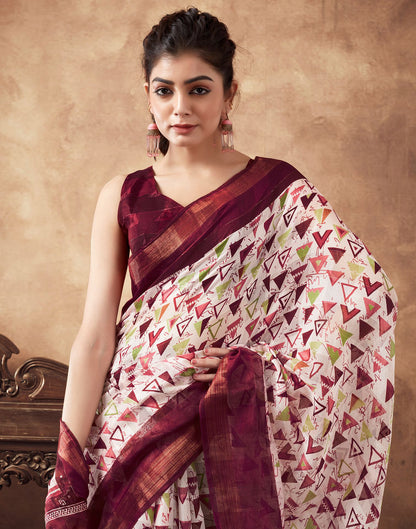 Maroon &amp; White Printed Cotton Saree