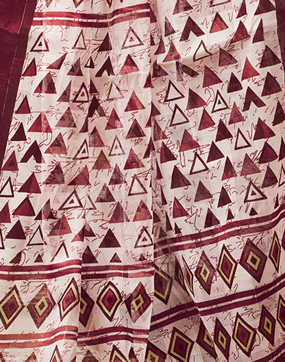 Maroon &amp; White Printed Cotton Saree