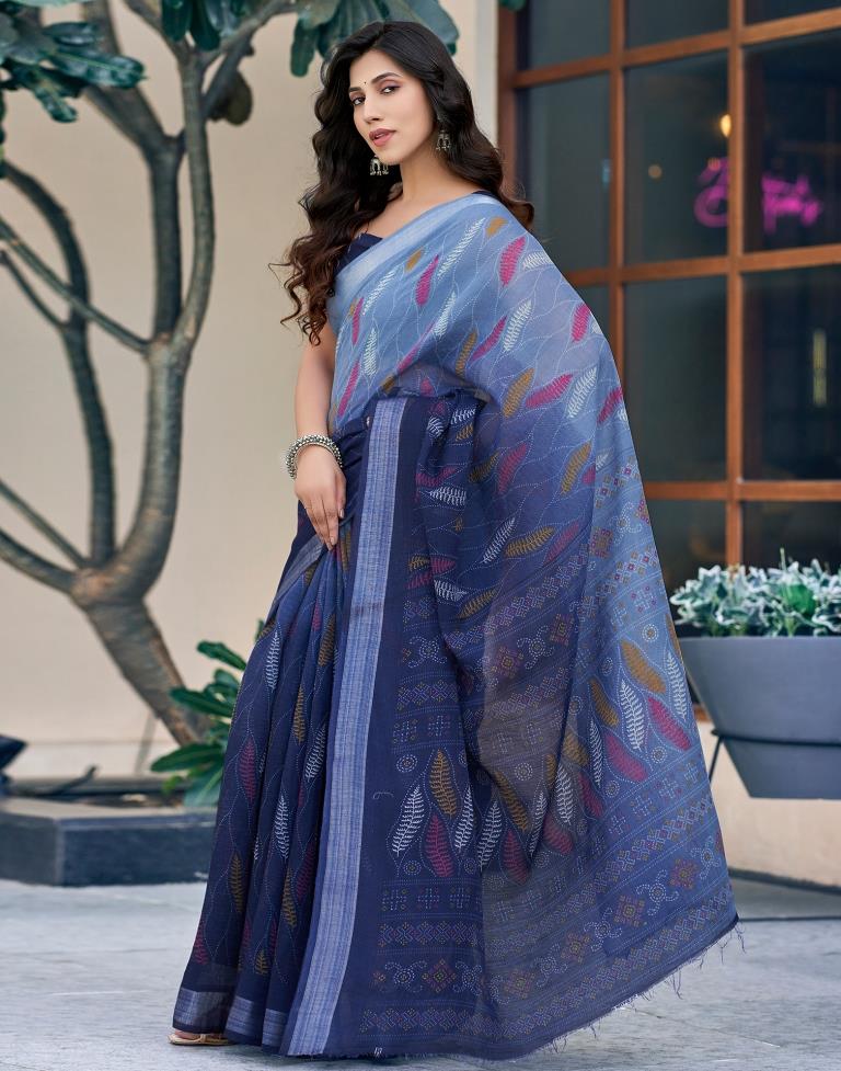 Navy Blue Printed Cotton Saree