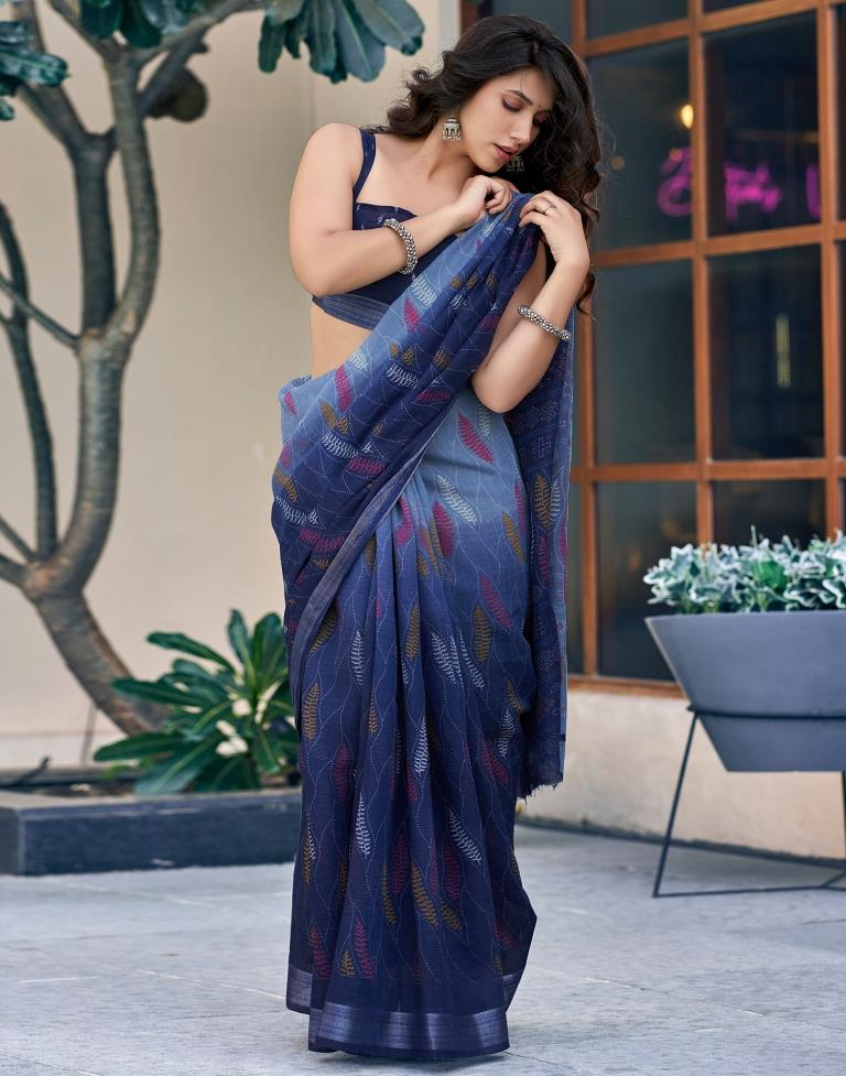 Navy Blue Printed Cotton Saree