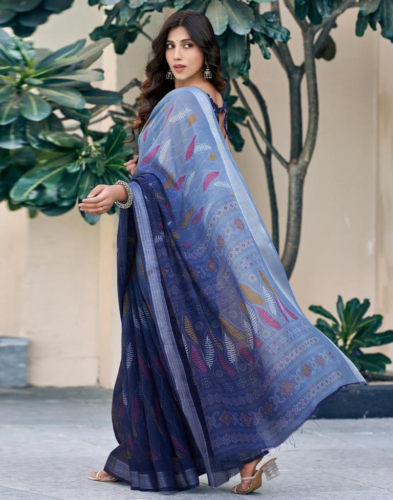 Navy Blue Printed Cotton Saree