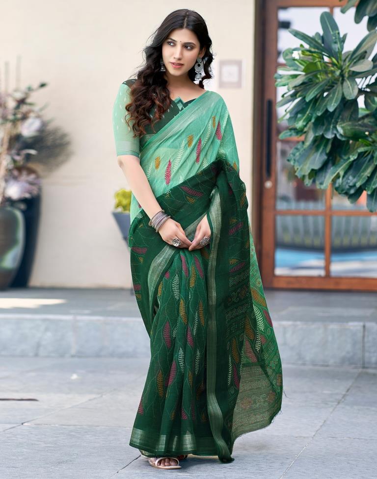 Dark Green Printed Cotton Saree