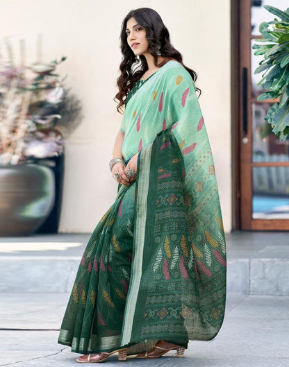 Dark Green Printed Cotton Saree