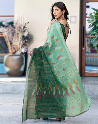 Dark Green Printed Cotton Saree