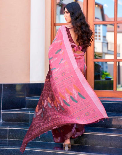 Wine Printed Cotton Saree