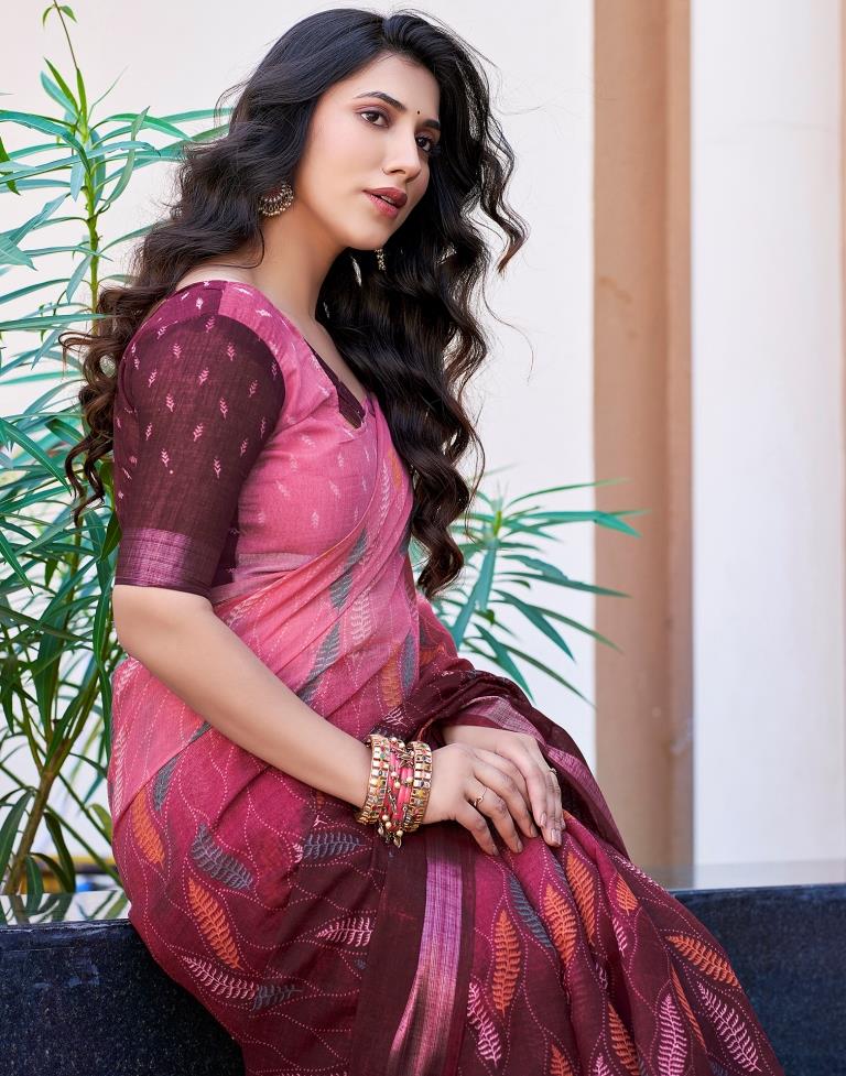 Wine Printed Cotton Saree