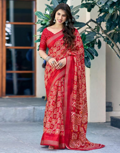 Cherry Red Printed Cotton Saree