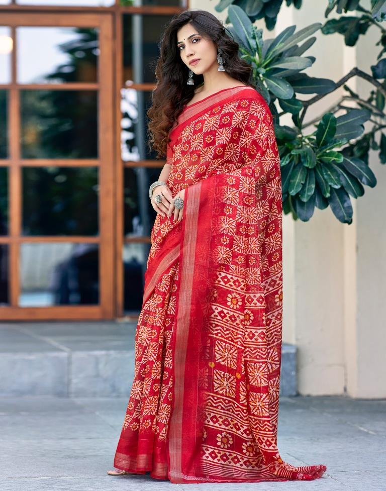 Cherry Red Printed Cotton Saree