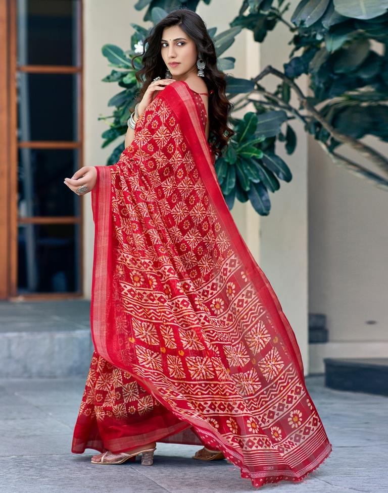 Cherry Red Printed Cotton Saree