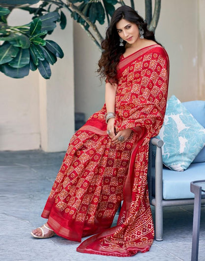 Cherry Red Printed Cotton Saree