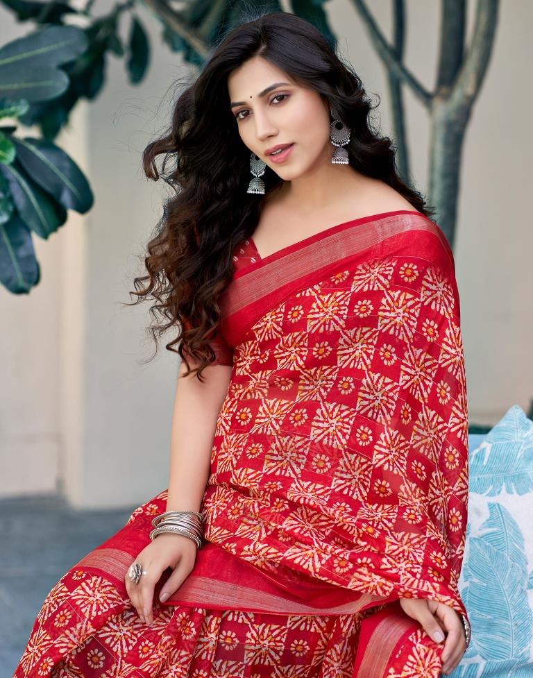 Cherry Red Printed Cotton Saree