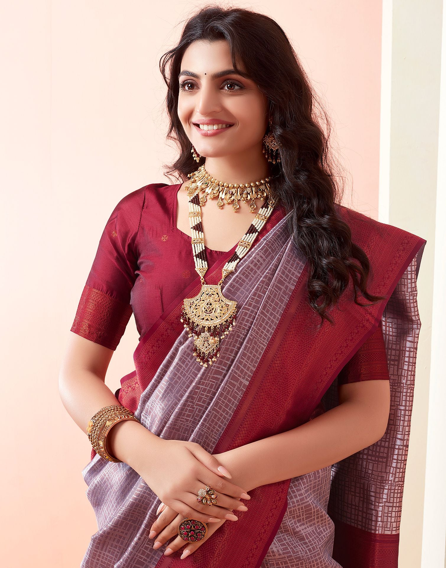 Wine Jacquard Silk Saree