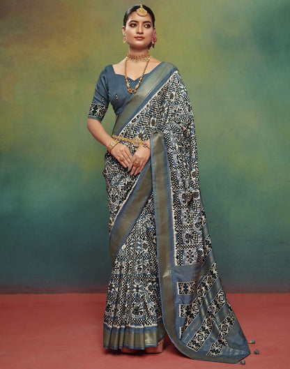 Dusty Blue Printed Silk Saree