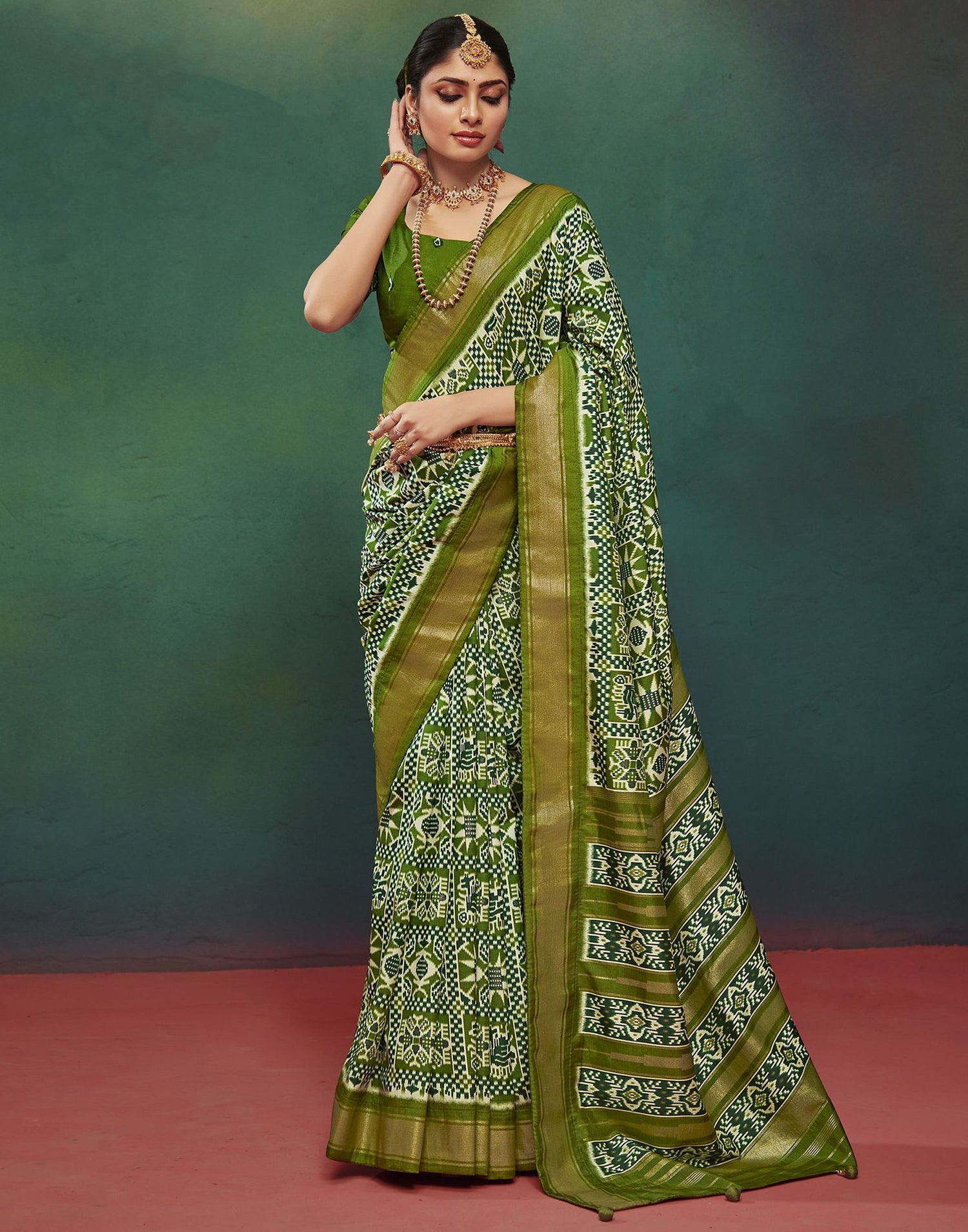 Mehandi Green Printed Silk Saree