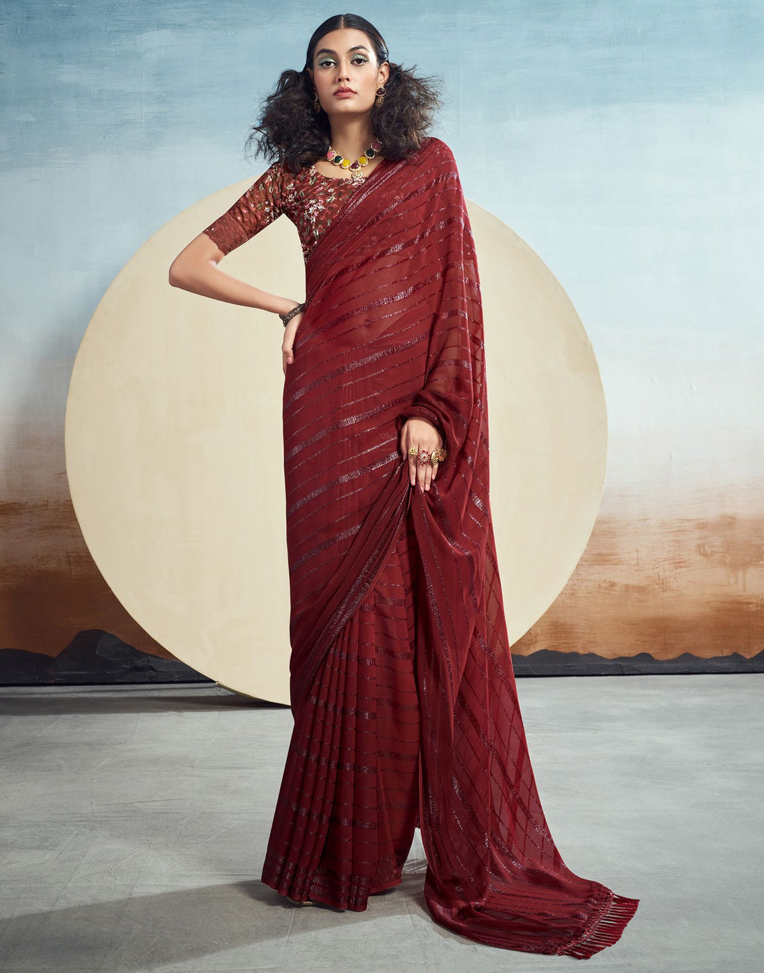 Maroon Plain Georgette Saree