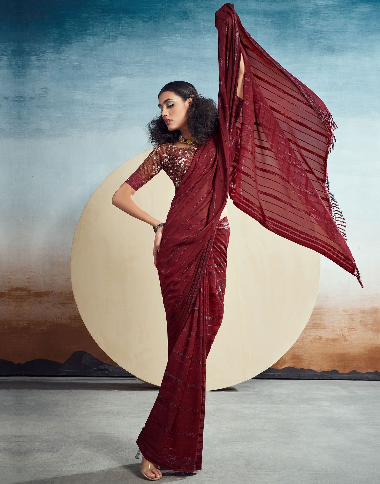 Maroon Plain Georgette Saree